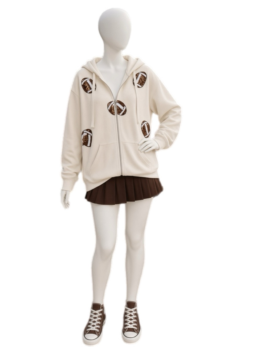 WHITE BIRCH oversized zip front sequin football hoodie S M L